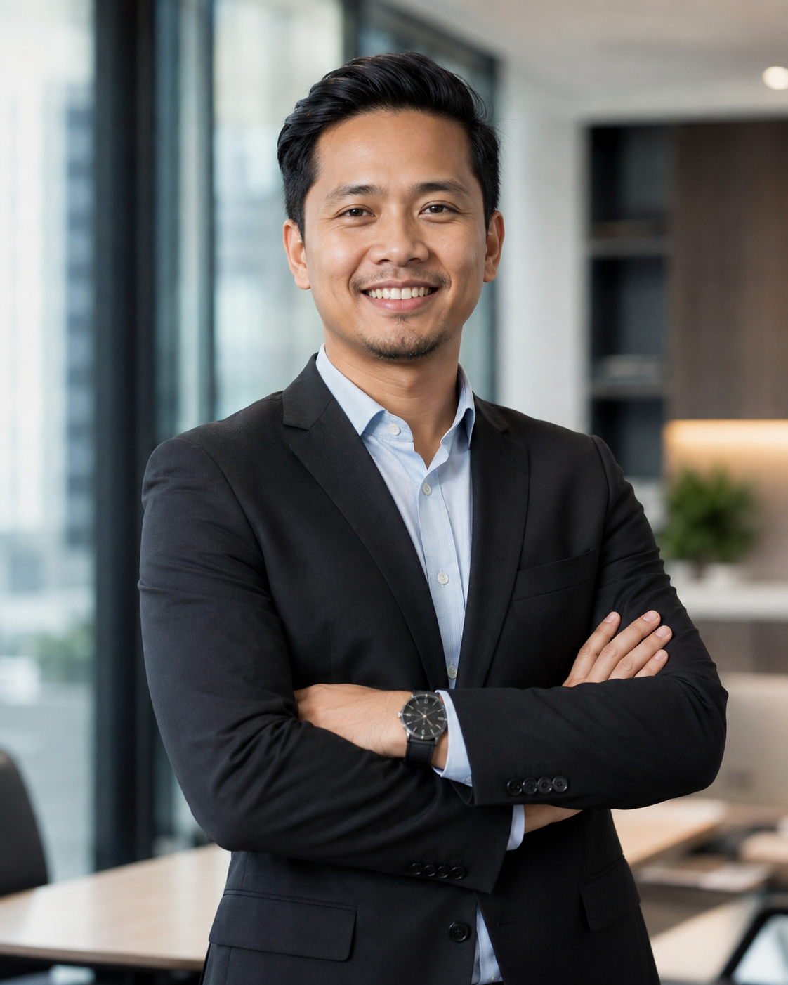 A Duit Nova financing consultant standing in the office, arms folded
